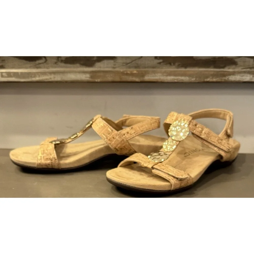 Vionic Sandals Womens Sz 7.5 Tan Cork Farra Ankle Strap Orthotic Comfort Footbed